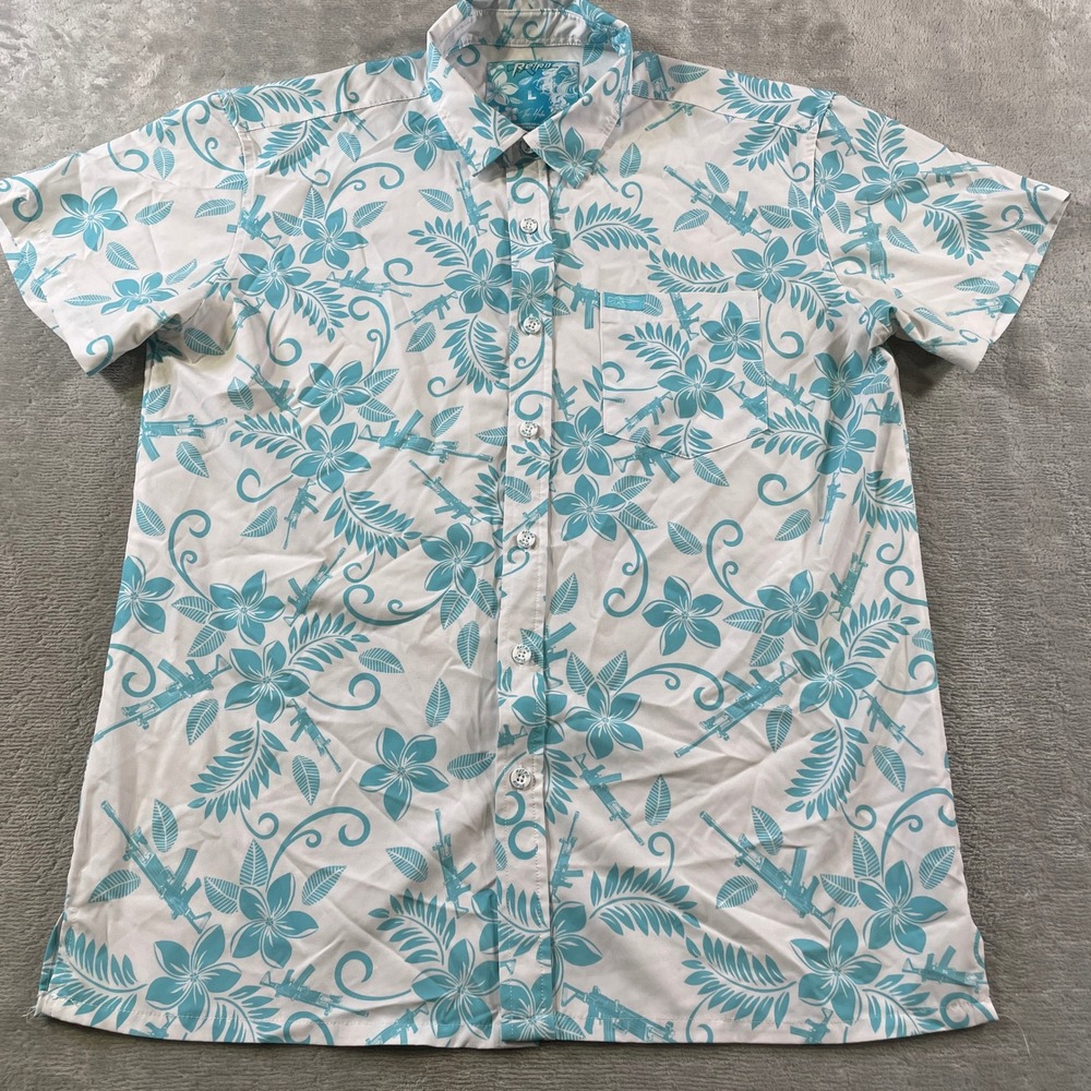 Retro Rifle The Hula Shirt Mens Large White Teal Floral Gun Stretch Casual Beach